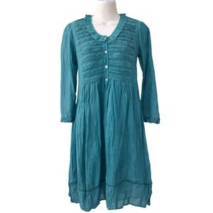 Label Ritu Kumar Teal Cotton Silk Long Sleeve Pintuck Dress Womens Small